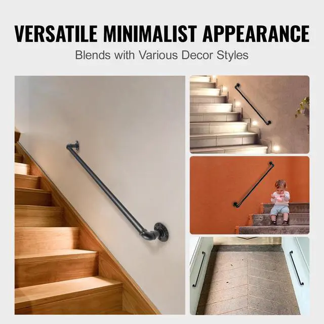 Alt view image 7 of 8 - VEVOR Pipe Stair Handrail, 3FT Staircase Handrail, 440LBS Load Capacity Carbon Steel Pipe Handrail, Industrial Pipe Handrail with Wall Mount Support, Round Corner Wall Handrailings for Indoor, Outdoor