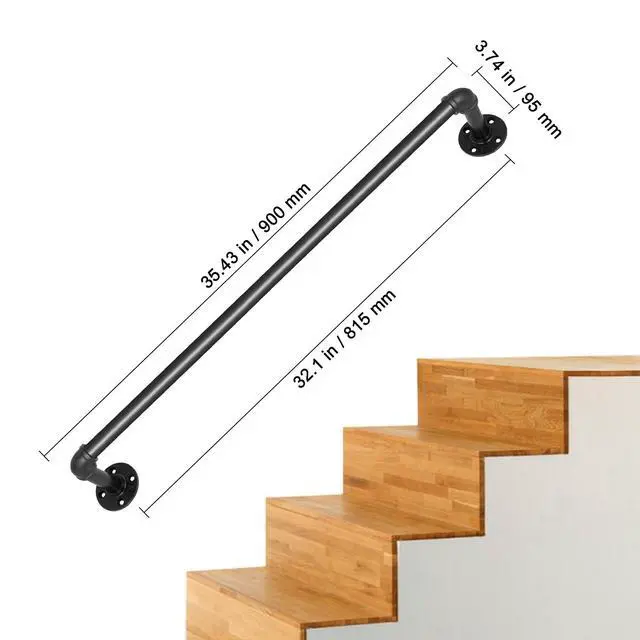 Alt view image 8 of 8 - VEVOR Pipe Stair Handrail, 3FT Staircase Handrail, 440LBS Load Capacity Carbon Steel Pipe Handrail, Industrial Pipe Handrail with Wall Mount Support, Round Corner Wall Handrailings for Indoor, Outdoor