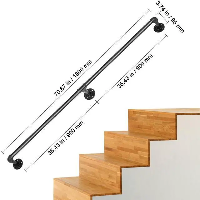 Alt view image 7 of 7 - Pipe Stair Handrail, 6FT Staircase Handrail, 440LBS Load Capacity Carbon Steel Pipe Handrail, Industrial Pipe Handrail with Wall Mount Support, Round Corner Wall Handrailings for Indoor, Outdoor
