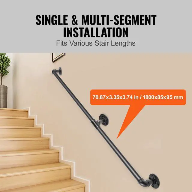Alt view image 4 of 7 - Pipe Stair Handrail, 6FT Staircase Handrail, 440LBS Load Capacity Carbon Steel Pipe Handrail, Industrial Pipe Handrail with Wall Mount Support, Round Corner Wall Handrailings for Indoor, Outdoor