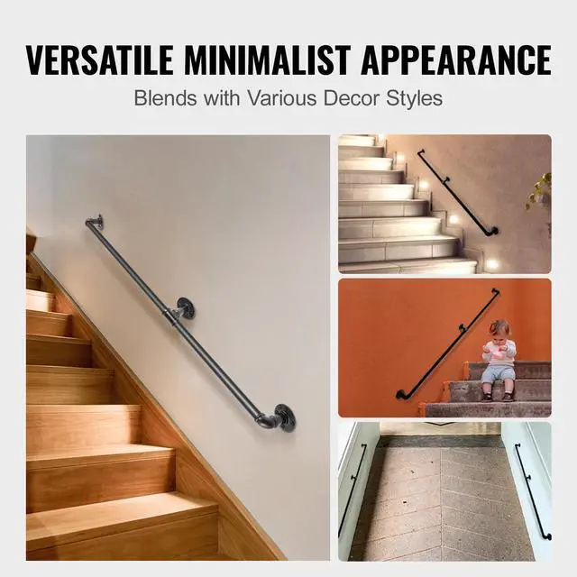 Alt view image 6 of 7 - Pipe Stair Handrail, 6FT Staircase Handrail, 440LBS Load Capacity Carbon Steel Pipe Handrail, Industrial Pipe Handrail with Wall Mount Support, Round Corner Wall Handrailings for Indoor, Outdoor