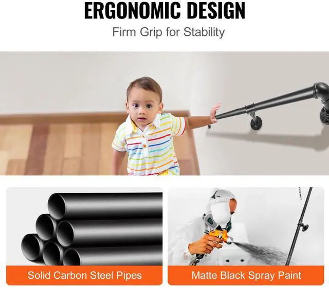 Alt view image 5 of 7 - Pipe Stair Handrail, 5FT Staircase Handrail, 440LBS Load Capacity Carbon Steel Pipe Handrail, Industrial Pipe Handrail with Wall Mount Support, Round Corner Wall Handrailings for Indoor, Outdoor