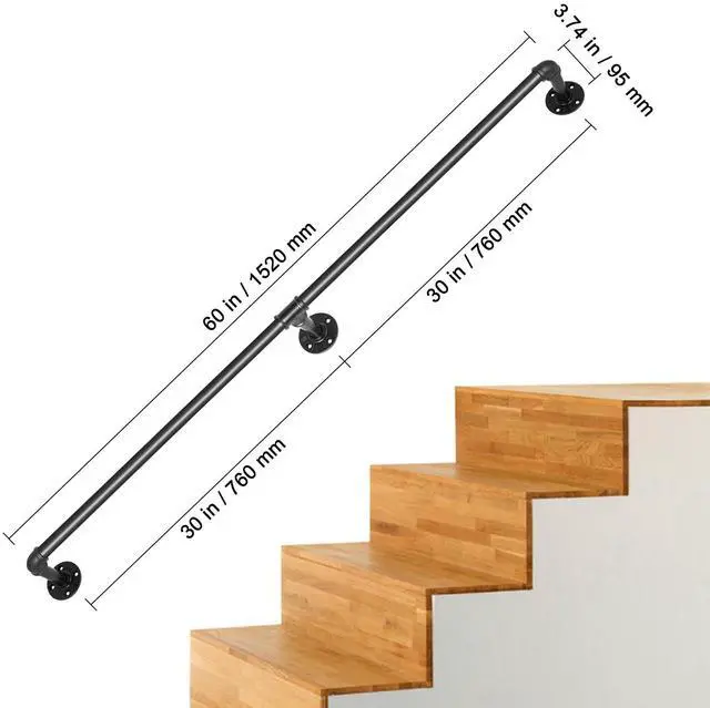 Alt view image 7 of 7 - Pipe Stair Handrail, 5FT Staircase Handrail, 440LBS Load Capacity Carbon Steel Pipe Handrail, Industrial Pipe Handrail with Wall Mount Support, Round Corner Wall Handrailings for Indoor, Outdoor