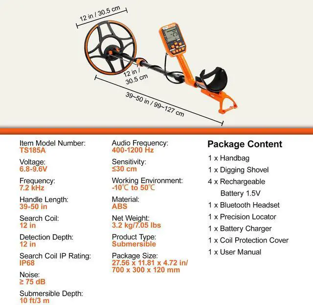 Alt view image 14 of 14 - VEVOR Waterproof Metal Detector, 12" Coil, Professional Rechargeable Gold Detector, 39-50 in Adjustable with LCD 7 Modes Advanced DSP Chip Bluetooth Headset, IP68 for Detecting Gold Treasure Hunting