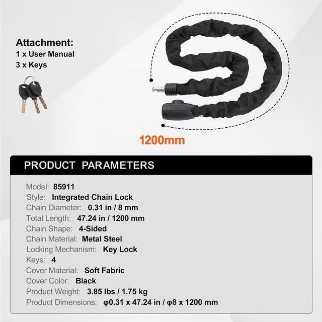 Alt view image 8 of 8 - VEVOR Bike Chain Lock, 3.94 Ft Combination Bicycle Chain Lock with 4 Keys, Heavy Duty Anti-Theft High Security Bike Locks, Perfect for Bike, Motorcycle, Scooter, Bicycle, Door, Fence or Gate, 8mm