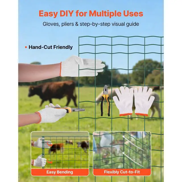 Alt view image 7 of 8 - VEVOR Farm Fence, 39 x 787 in, 4 x 4 in Mesh 2.1mm Galvanized Steel Wire Fencing for Cattle, Hog & Sheep, Heavy Duty Vinyl Coated Livestock Fence for Animal Enclosures, Cage Wire, Garden Fences, Green