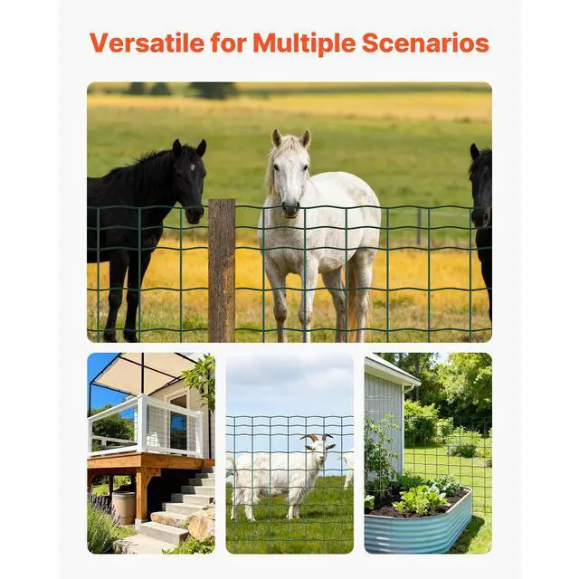 Alt view image 8 of 8 - VEVOR Farm Fence, 39 x 787 in, 4 x 4 in Mesh 2.1mm Galvanized Steel Wire Fencing for Cattle, Hog & Sheep, Heavy Duty Vinyl Coated Livestock Fence for Animal Enclosures, Cage Wire, Garden Fences, Green