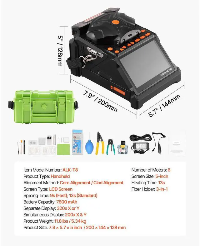 Alt view image 8 of 8 - VEVOR Fiber Fusion Optic Splicer 6 Motors Core & Clad Alignment 5" LCD Screen