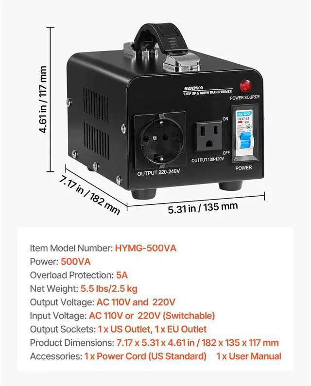 Alt view image 8 of 8 - VEVOR Voltage Converter Transformer 500VA Step Up/Down 110V to 220V/220V to 110V