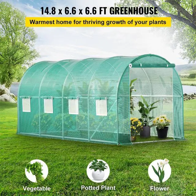 Alt view image 10 of 15 - VEVOR Walk-in Tunnel Greenhouse, 15 x 7 x 7 ft Portable Plant Hot House w/ Galvanized Steel Hoops, 1 Top Beam, Diagonal Poles, Zippered Door & 8 Roll-up Windows, Green