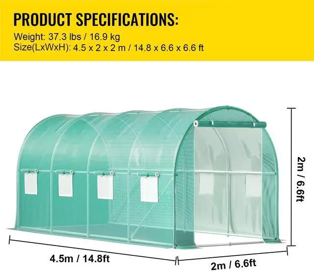 Alt view image 15 of 15 - VEVOR Walk-in Tunnel Greenhouse, 15 x 7 x 7 ft Portable Plant Hot House w/ Galvanized Steel Hoops, 1 Top Beam, Diagonal Poles, Zippered Door & 8 Roll-up Windows, Green