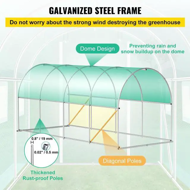 Alt view image 11 of 15 - VEVOR Walk-in Tunnel Greenhouse, 15 x 7 x 7 ft Portable Plant Hot House w/ Galvanized Steel Hoops, 1 Top Beam, Diagonal Poles, Zippered Door & 8 Roll-up Windows, Green