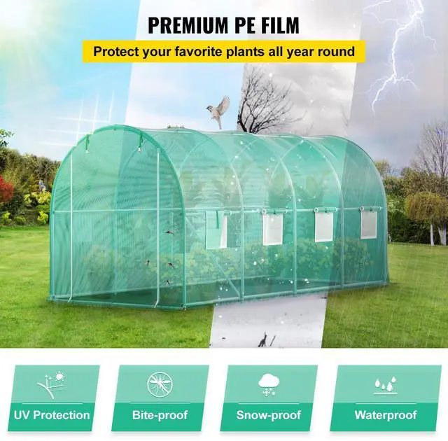 Alt view image 12 of 15 - VEVOR Walk-in Tunnel Greenhouse, 15 x 7 x 7 ft Portable Plant Hot House w/ Galvanized Steel Hoops, 1 Top Beam, Diagonal Poles, Zippered Door & 8 Roll-up Windows, Green