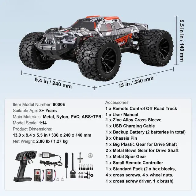 Alt view image 14 of 14 - Remote Control Car 1:14 Scale Kids RC Car All Terrain 4WD Off-Road Truck