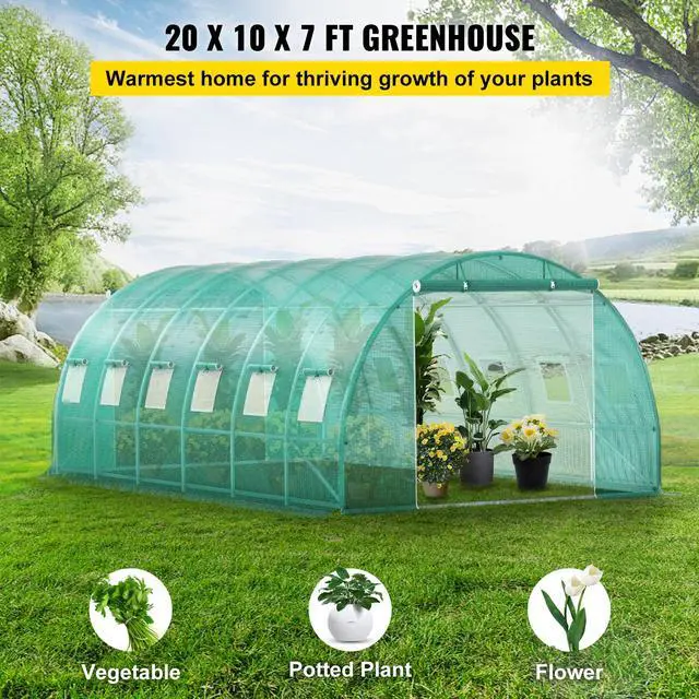 Alt view image 10 of 15 - VEVOR Walk-in Tunnel Greenhouse, 20 x 10 x 7 ft Portable Plant Hot House w/ Galvanized Steel Hoops, 3 Top Beams, Diagonal Poles, 2 Zippered Doors & 12 Roll-up Windows, Green