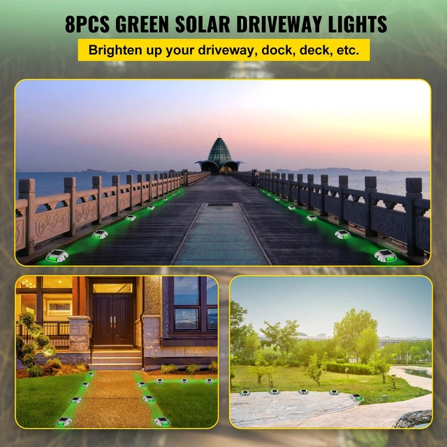 Alt view image 2 of 7 - Driveway Lights, 8-Pack Solar Driveway Lights with Switch Button, Solar Deck Lights Waterproof, Wireless Dock Lights 6 LEDs for Path Warning Garden Walkway Sidewalk Steps, LED Bright Green