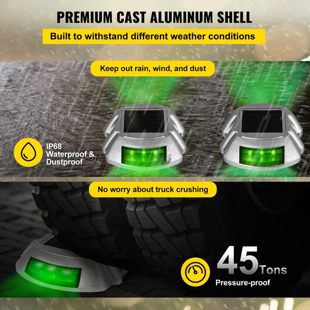 Alt view image 4 of 7 - Driveway Lights, 8-Pack Solar Driveway Lights with Switch Button, Solar Deck Lights Waterproof, Wireless Dock Lights 6 LEDs for Path Warning Garden Walkway Sidewalk Steps, LED Bright Green