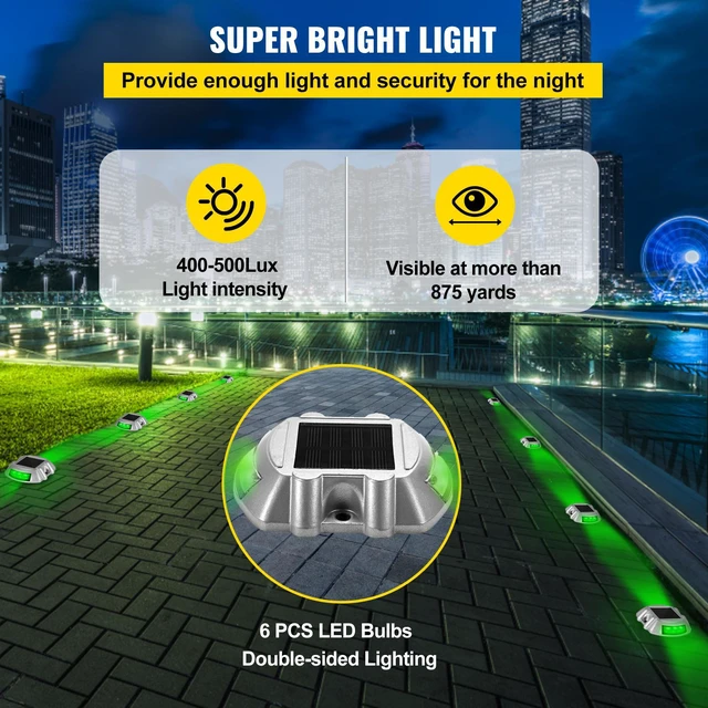 Alt view image 5 of 7 - Driveway Lights, 8-Pack Solar Driveway Lights with Switch Button, Solar Deck Lights Waterproof, Wireless Dock Lights 6 LEDs for Path Warning Garden Walkway Sidewalk Steps, LED Bright Green