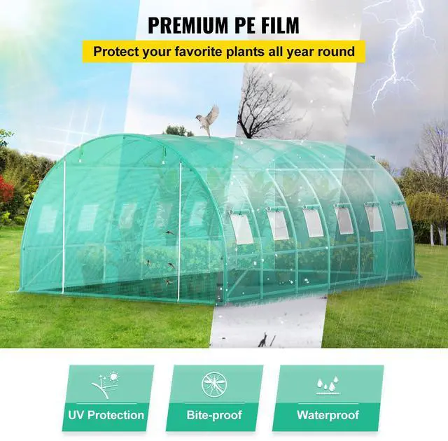 Alt view image 12 of 15 - VEVOR Walk-in Tunnel Greenhouse, 20 x 10 x 7 ft Portable Plant Hot House w/ Galvanized Steel Hoops, 3 Top Beams, Diagonal Poles, 2 Zippered Doors & 12 Roll-up Windows, Green