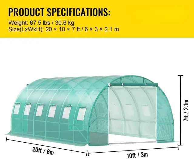 Alt view image 15 of 15 - VEVOR Walk-in Tunnel Greenhouse, 20 x 10 x 7 ft Portable Plant Hot House w/ Galvanized Steel Hoops, 3 Top Beams, Diagonal Poles, 2 Zippered Doors & 12 Roll-up Windows, Green