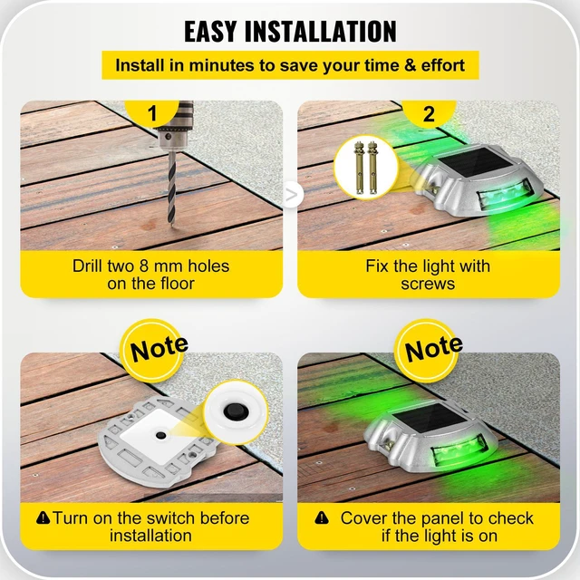Alt view image 6 of 7 - Driveway Lights, 8-Pack Solar Driveway Lights with Switch Button, Solar Deck Lights Waterproof, Wireless Dock Lights 6 LEDs for Path Warning Garden Walkway Sidewalk Steps, LED Bright Green