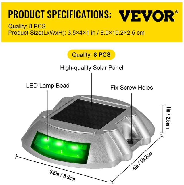 Alt view image 7 of 7 - Driveway Lights, 8-Pack Solar Driveway Lights with Switch Button, Solar Deck Lights Waterproof, Wireless Dock Lights 6 LEDs for Path Warning Garden Walkway Sidewalk Steps, LED Bright Green