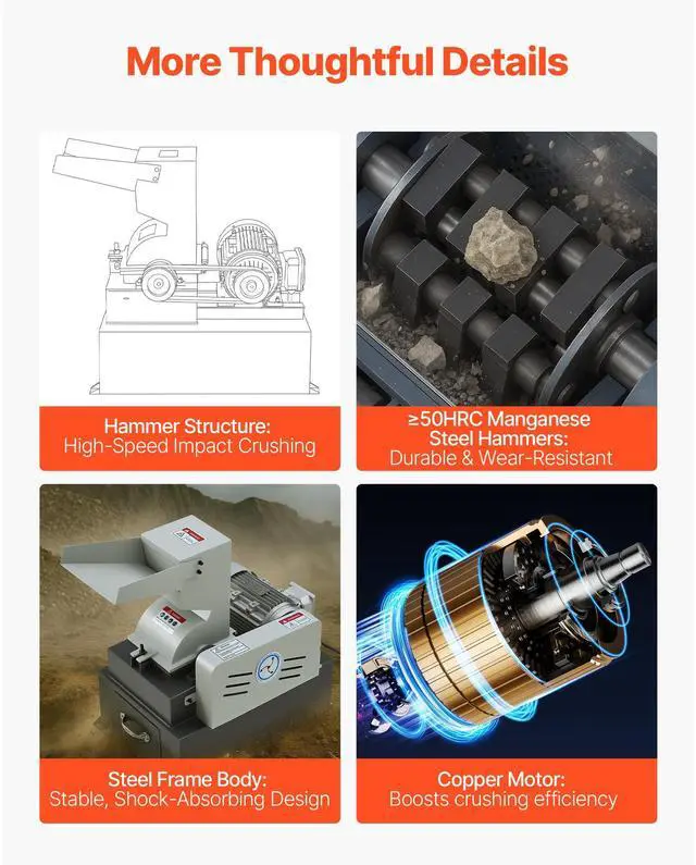 Alt view image 6 of 7 - Hammer Crusher, 3KW 220V Electric Rock Stone Shatter Grinder, Glass Crushing Machine with 400 to 600 kg/h Crushing Capacity, Coal Crusher Milling Machine with 0.12/0.24/0.4 inch Sieve Screens