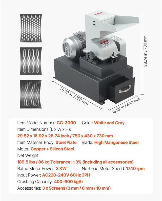 Alt view image 7 of 7 - Hammer Crusher, 3KW 220V Electric Rock Stone Shatter Grinder, Glass Crushing Machine with 400 to 600 kg/h Crushing Capacity, Coal Crusher Milling Machine with 0.12/0.24/0.4 inch Sieve Screens
