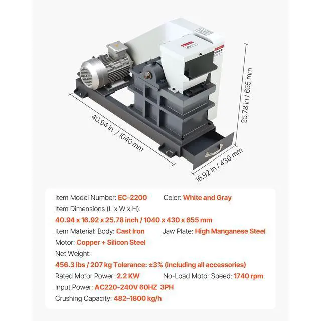Alt view image 7 of 7 - Jaw Crusher Machine, 2.2KW High Power Rock Stone Crush Machine, 6.10 x 5.12 inch Feeding Port, 1740 RPM Speed Stone Shatter Grinder, Electric Stone Shatter 220V, for Rock Coal Glass Bottle