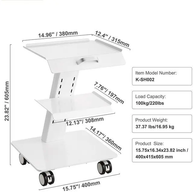 Alt view image 14 of 14 - VEVOR Lab Trolley, 3-Layer Rolling Lab Cart, Metal Mobile Trolley with Swivel Wheels, Tray Rolling Clinic Cart 220 lbs Weight Capacity, for Lab, Clinic, Beauty and Salon