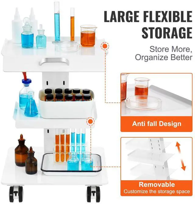 Alt view image 12 of 14 - VEVOR Lab Trolley, 3-Layer Rolling Lab Cart, Metal Mobile Trolley with Swivel Wheels, Tray Rolling Clinic Cart 220 lbs Weight Capacity, for Lab, Clinic, Beauty and Salon