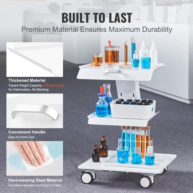 Alt view image 9 of 14 - VEVOR Lab Trolley, 3-Layer Rolling Lab Cart, Metal Mobile Trolley with Swivel Wheels, Tray Rolling Clinic Cart 220 lbs Weight Capacity, for Lab, Clinic, Beauty and Salon