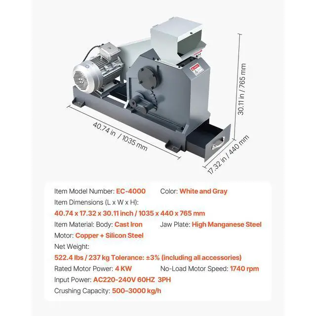 Alt view image 7 of 7 - Jaw Crusher Machine, 4KW High Power Rock Stone Crush Machine, 7.87 x 9.65 inch Feeding Port, 1740 RPM Speed Stone Shatter Grinder, Electric Stone Shatter 220V, for Rock Coal Glass Bottle