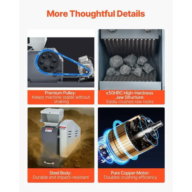 Alt view image 6 of 7 - Jaw Crusher Machine, 4KW High Power Rock Stone Crush Machine, 7.87 x 9.65 inch Feeding Port, 1740 RPM Speed Stone Shatter Grinder, Electric Stone Shatter 220V, for Rock Coal Glass Bottle