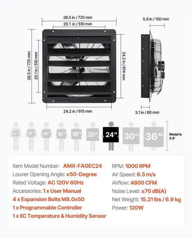 Alt view image 8 of 8 - VEVOR 24 inch Shutter Exhaust Fan, Wall Mounted Attic Vent Fan with Smart Programming Variable Speed Temperature Control, 2900 CFM,EC Motor,Timer, for Shed,Garage,Greenhouse Ventilation Cooling,Black