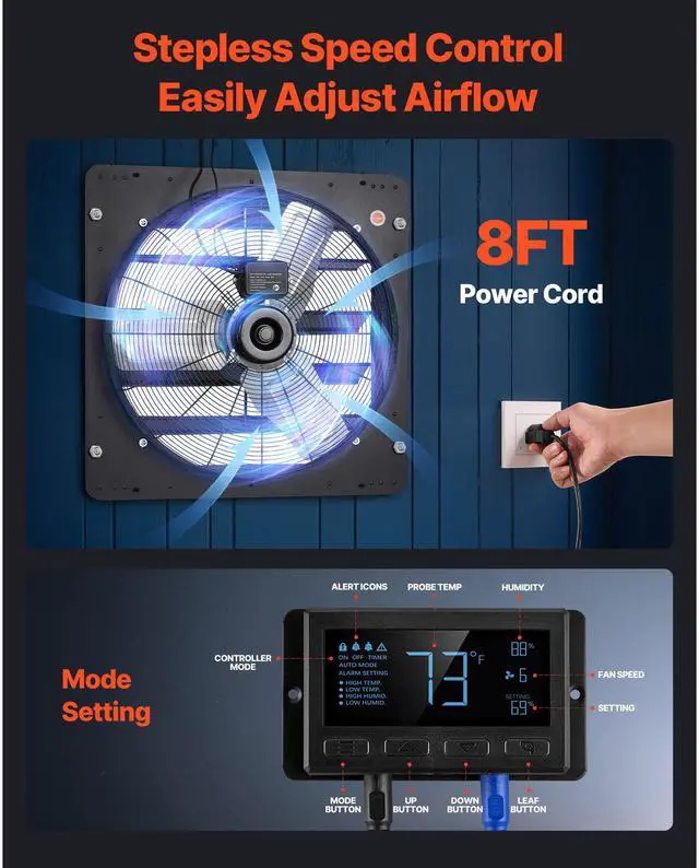 Alt view image 7 of 8 - VEVOR 24 inch Shutter Exhaust Fan, Wall Mounted Attic Vent Fan with Smart Programming Variable Speed Temperature Control, 2900 CFM,EC Motor,Timer, for Shed,Garage,Greenhouse Ventilation Cooling,Black