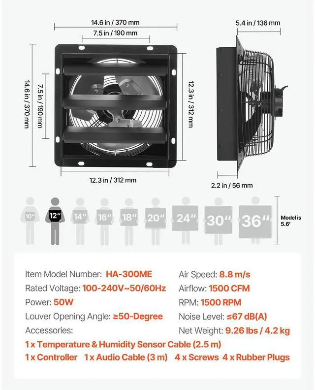Alt view image 8 of 8 - VEVOR 12 inch Shutter Exhaust Fan, Wall Mounted Attic Vent Fan with Smart Programming Variable Speed Temperature Control, 1500 CFM,EC Motor,Timer, for Shed,Garage,Greenhouse Ventilation Cooling,Black