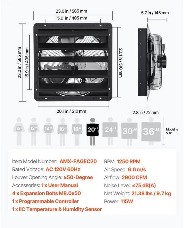 Alt view image 8 of 8 - VEVOR 20 inch Shutter Exhaust Fan, Wall Mounted Attic Vent Fan with Smart Programming Variable Speed Temperature Control, 4800 CFM,EC Motor,Timer, for Shed,Garage,Greenhouse Ventilation Cooling,Black
