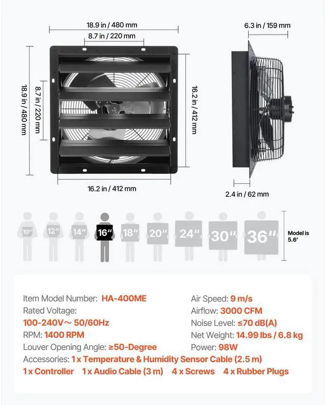 Alt view image 8 of 8 - VEVOR 16 in Shutter Exhaust Fan with Smart Programming Controller Wall Mount