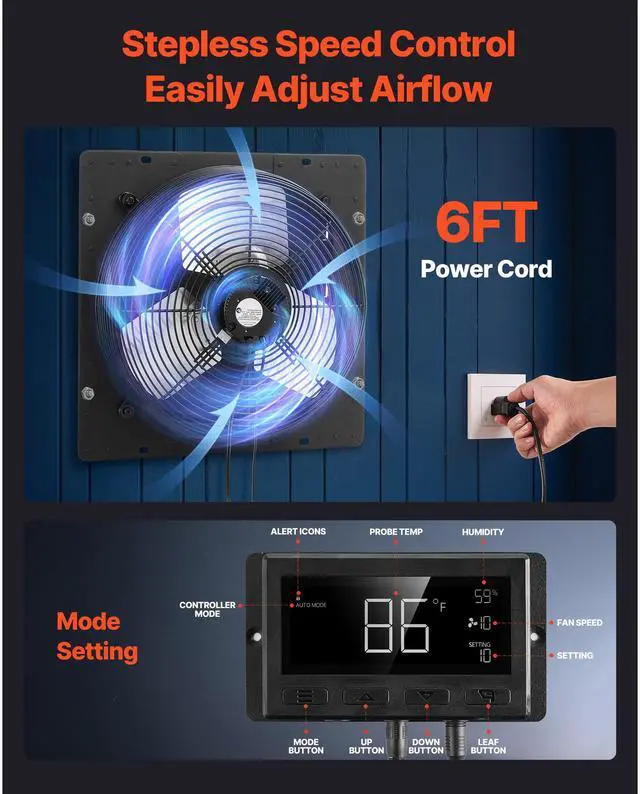 Alt view image 7 of 8 - VEVOR 14 inch Shutter Exhaust Fan, Wall Mounted Attic Vent Fan with Smart Programming Variable Speed Temperature Control, 2000 CFM,EC Motor,Timer, for Shed,Garage,Greenhouse Ventilation Cooling,Black