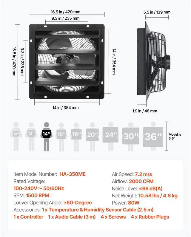 Alt view image 8 of 8 - VEVOR 14 inch Shutter Exhaust Fan, Wall Mounted Attic Vent Fan with Smart Programming Variable Speed Temperature Control, 2000 CFM,EC Motor,Timer, for Shed,Garage,Greenhouse Ventilation Cooling,Black