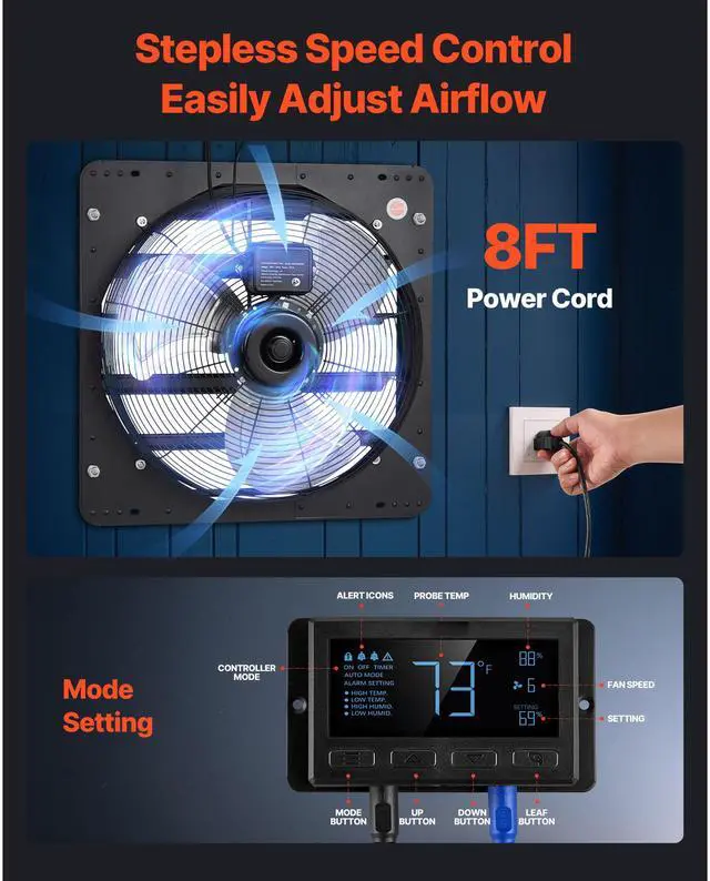 Alt view image 7 of 8 - VEVOR 20 inch Shutter Exhaust Fan, Wall Mounted Attic Vent Fan with Smart Programming Variable Speed Temperature Control, 4800 CFM,EC Motor,Timer, for Shed,Garage,Greenhouse Ventilation Cooling,Black