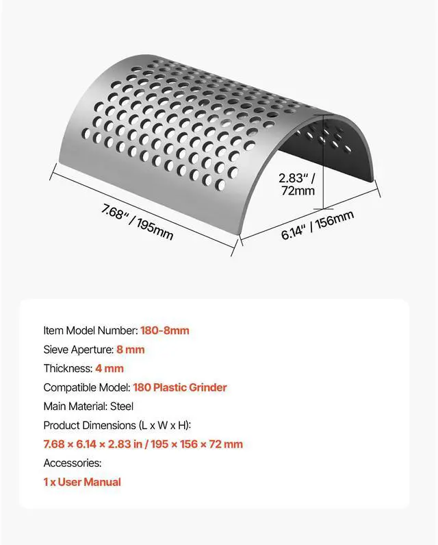 Alt view image 8 of 8 - VEVOR Screen Mesh for Plastic Shredder, High-Quality Steel Durable Mesh, 0.315 in/8 mm High-Precision Aperture Screen, Compatible with Model 180 Plastic Grinder, Suitable for Small Particle Recycling