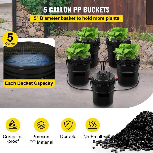 Alt view image 3 of 7 - DWC Hydroponic System, 5 Gallon 5 Buckets, Deep Water Culture Growing Bucket, Hydroponics Grow Kit with Pump, Air Stone and Connected Reservoir, for Indoor/Outdoor Leafy Vegetables