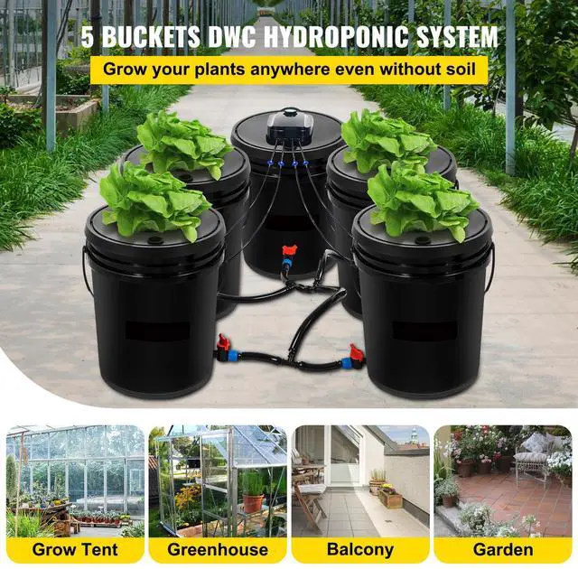 Alt view image 2 of 7 - DWC Hydroponic System, 5 Gallon 5 Buckets, Deep Water Culture Growing Bucket, Hydroponics Grow Kit with Pump, Air Stone and Connected Reservoir, for Indoor/Outdoor Leafy Vegetables