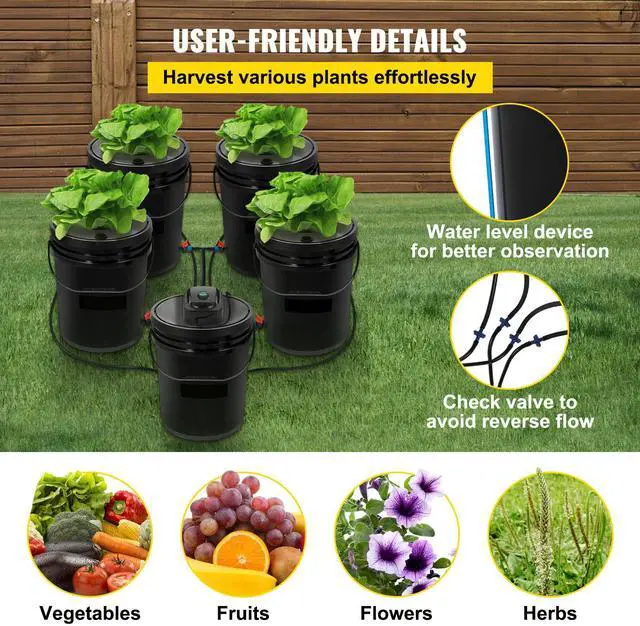 Alt view image 5 of 7 - DWC Hydroponic System, 5 Gallon 5 Buckets, Deep Water Culture Growing Bucket, Hydroponics Grow Kit with Pump, Air Stone and Connected Reservoir, for Indoor/Outdoor Leafy Vegetables