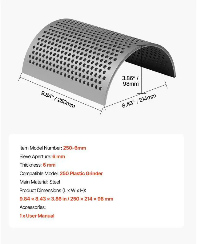 Alt view image 8 of 8 - VEVOR Screen Mesh for Plastic Shredder, High-Quality Steel Durable Mesh, 0.236 in/6 mm High-Precision Aperture Screen, Compatible with Model 250 Plastic Grinder, Suitable for Micro Particle Recycling
