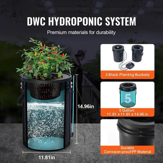 Alt view image 9 of 14 - VEVOR  DWC Hydroponics Grow System, Hydroponic Growing System with Top Drip Kit, Deep Water Culture 5-Gallon 2 Buckets, with Air Pump, Air Stones and Water Level Device for Leafy Vegetables