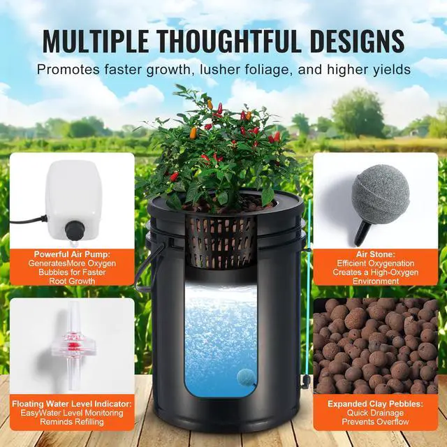 Alt view image 10 of 14 - VEVOR  DWC Hydroponics Grow System, Hydroponic Growing System with Top Drip Kit, Deep Water Culture 5-Gallon 2 Buckets, with Air Pump, Air Stones and Water Level Device for Leafy Vegetables
