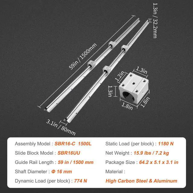 Alt view image 14 of 14 - VEVOR Linear Guide Rail Set, SBR16 1500mm, 2 PCS 59 in/1500 mm SBR16 Guide Rails and 4 PCS SBR16UU Slide Blocks, Linear Rails and Bearings Kit for Automated Machines DIY Project CNC Router Machines